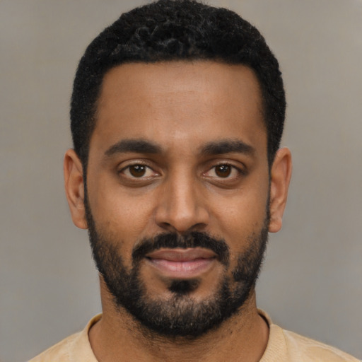 Neutral black young-adult male with short  black hair and brown eyes