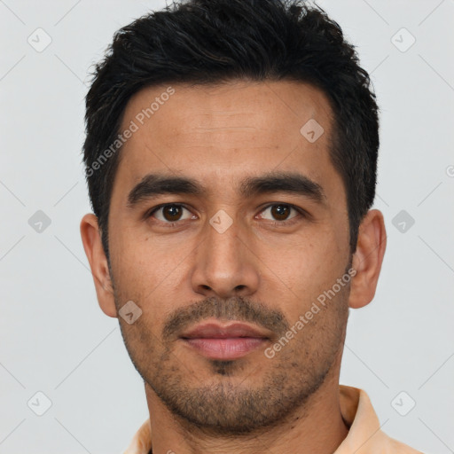 Neutral asian young-adult male with short  black hair and brown eyes