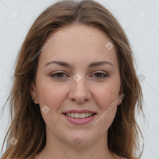 Joyful white young-adult female with long  brown hair and grey eyes