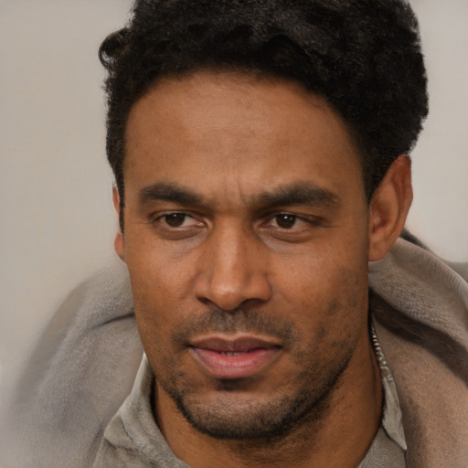 Neutral latino adult male with short  black hair and brown eyes