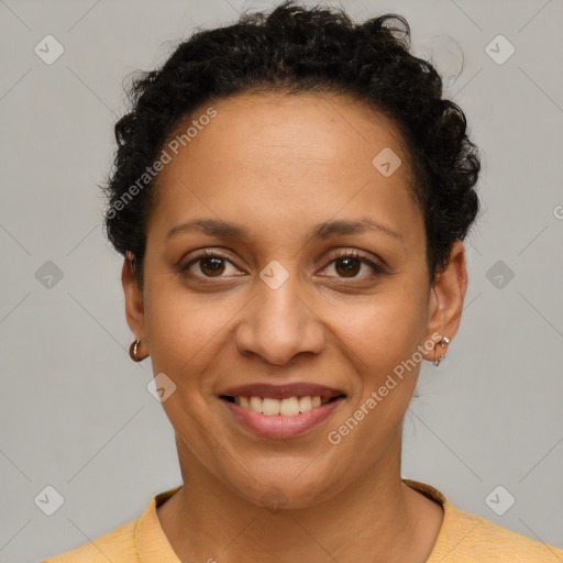 Joyful latino young-adult female with short  brown hair and brown eyes