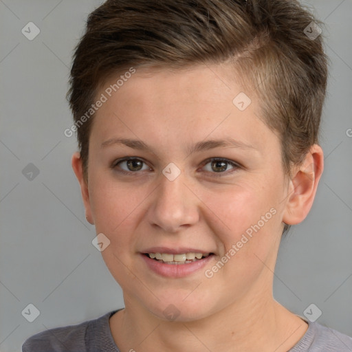 Joyful white young-adult female with short  brown hair and grey eyes