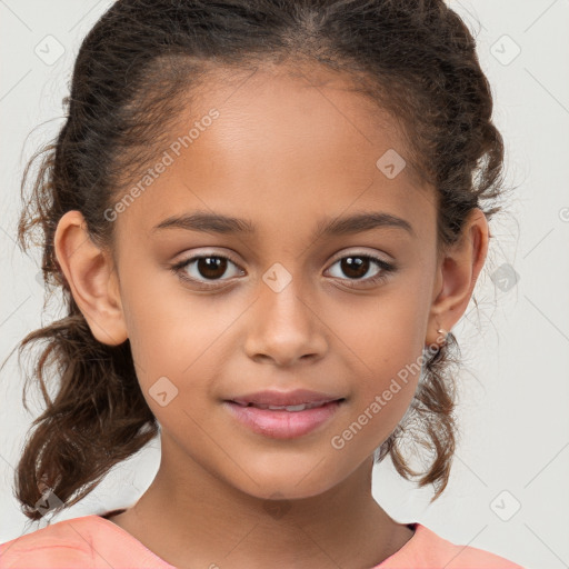 Joyful white child female with medium  brown hair and brown eyes