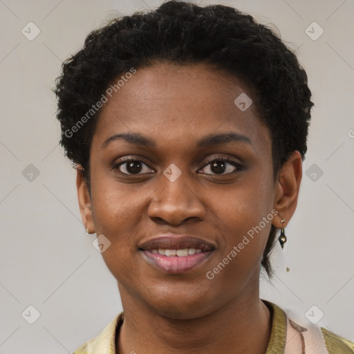 Joyful black young-adult female with short  brown hair and brown eyes