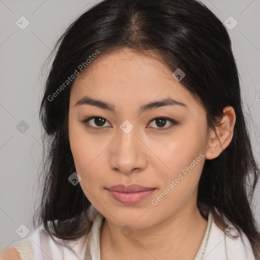 Neutral asian young-adult female with medium  brown hair and brown eyes