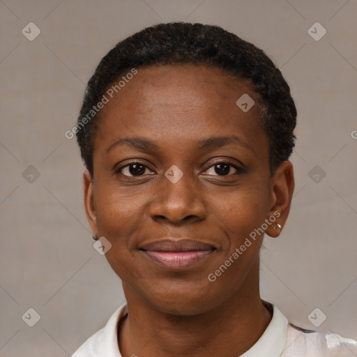 Joyful black young-adult female with short  black hair and brown eyes