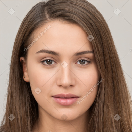 Neutral white young-adult female with long  brown hair and brown eyes