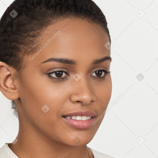 Joyful latino young-adult female with short  brown hair and brown eyes