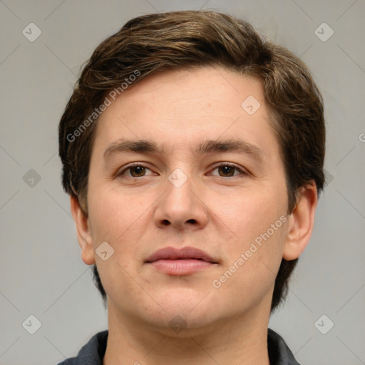 Neutral white young-adult male with short  brown hair and grey eyes