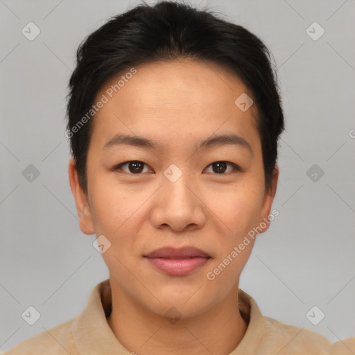 Joyful asian young-adult female with short  brown hair and brown eyes