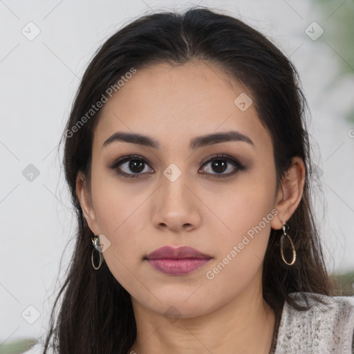 Neutral latino young-adult female with medium  brown hair and brown eyes