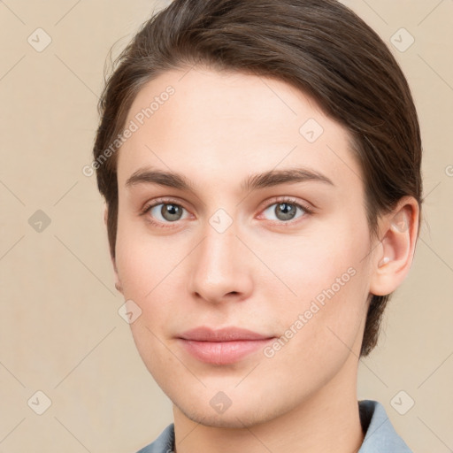 Neutral white young-adult female with short  brown hair and brown eyes