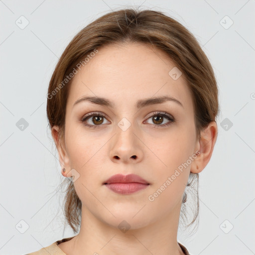 Neutral white young-adult female with medium  brown hair and grey eyes