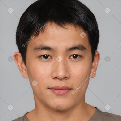 Neutral asian young-adult male with short  brown hair and brown eyes