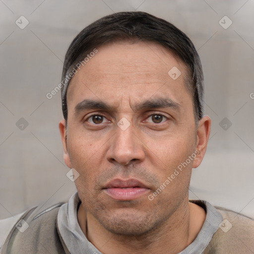 Neutral white adult male with short  black hair and brown eyes