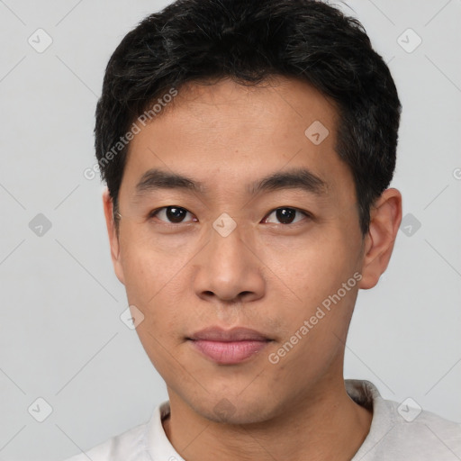 Neutral asian young-adult male with short  black hair and brown eyes