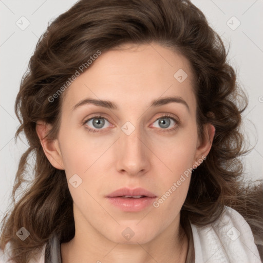 Neutral white young-adult female with medium  brown hair and grey eyes