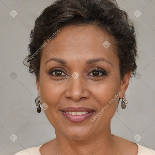 Joyful white adult female with short  brown hair and brown eyes