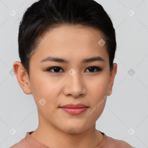 Joyful asian young-adult female with short  brown hair and brown eyes