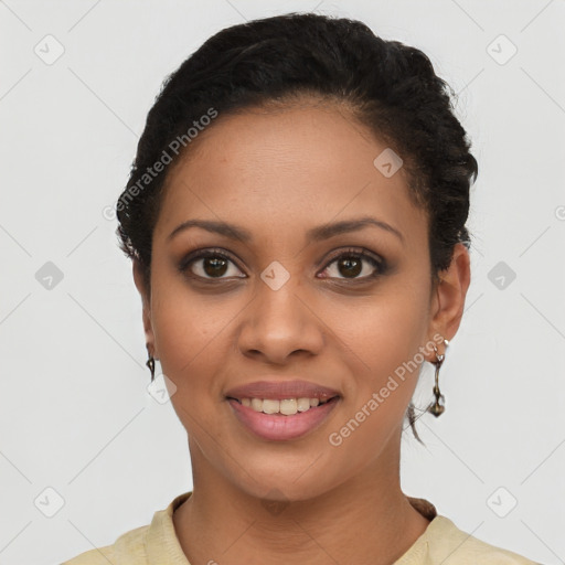 Joyful latino young-adult female with short  brown hair and brown eyes