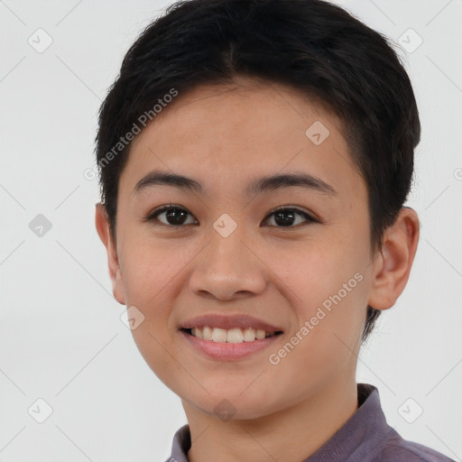 Joyful asian young-adult female with short  brown hair and brown eyes