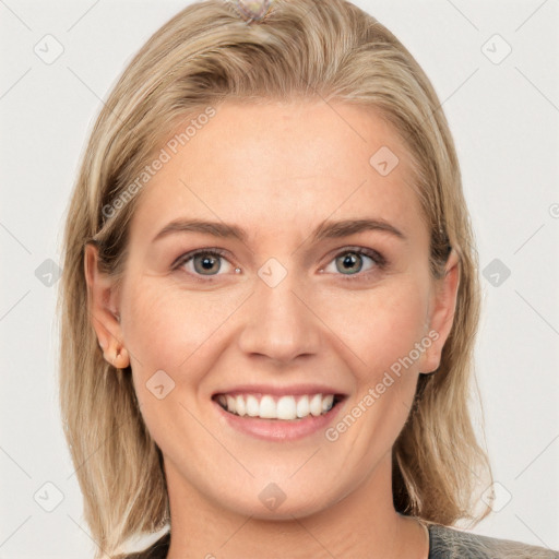 Joyful white young-adult female with medium  brown hair and blue eyes