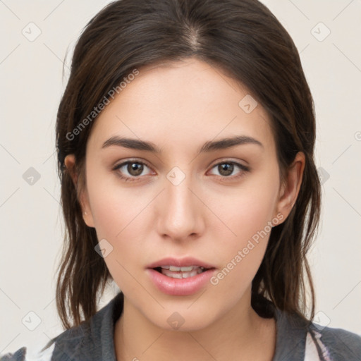 Neutral white young-adult female with medium  brown hair and brown eyes