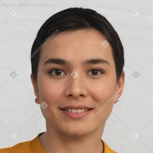 Joyful white young-adult female with short  brown hair and brown eyes