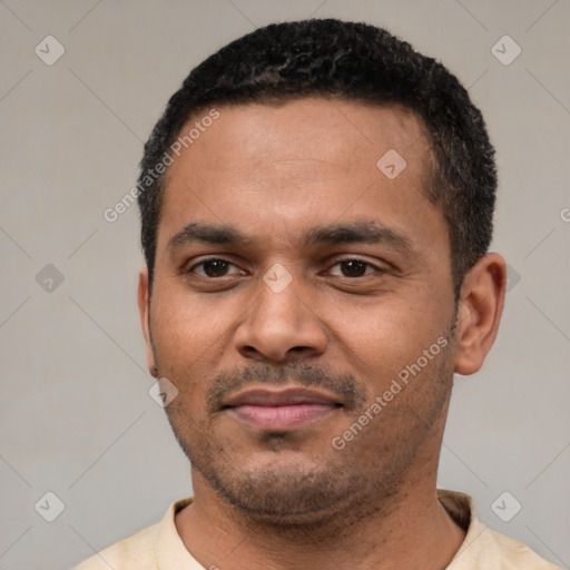 Neutral latino young-adult male with short  black hair and brown eyes