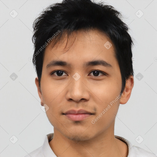 Neutral asian young-adult male with short  black hair and brown eyes