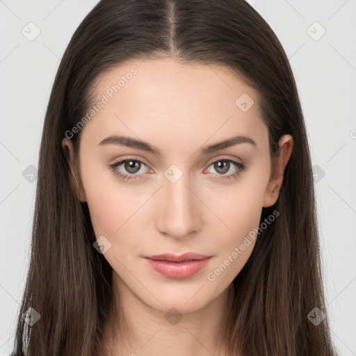 Neutral white young-adult female with long  brown hair and brown eyes