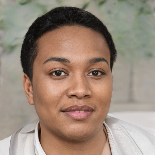 Joyful latino young-adult female with short  black hair and brown eyes