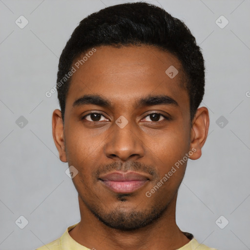 Neutral black young-adult male with short  black hair and brown eyes