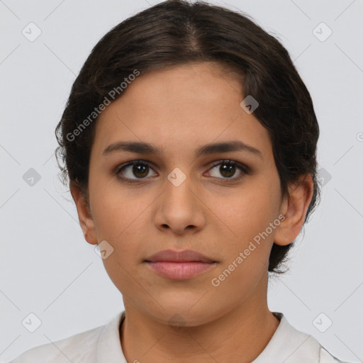 Neutral white young-adult female with short  brown hair and brown eyes