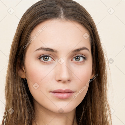 Neutral white young-adult female with long  brown hair and brown eyes