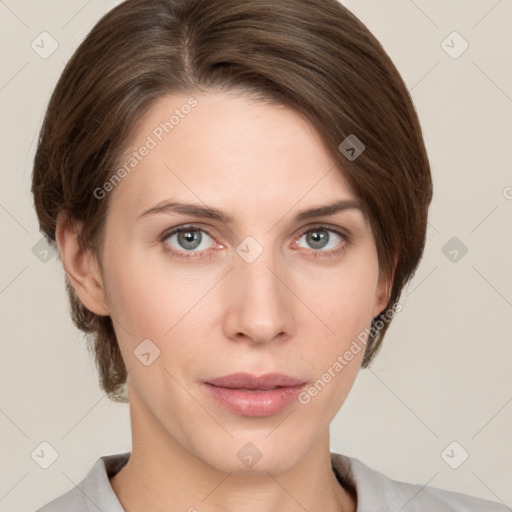 Neutral white young-adult female with medium  brown hair and grey eyes