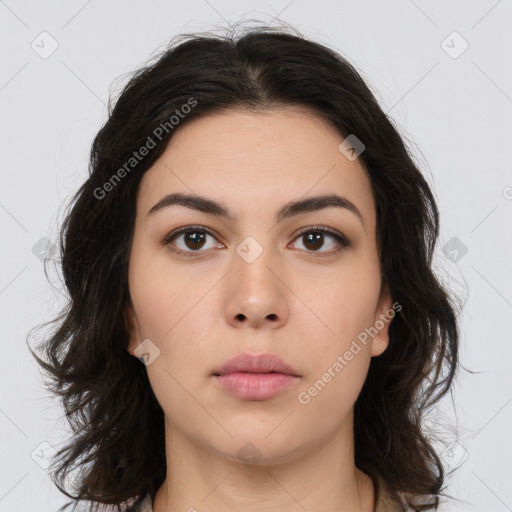 Neutral asian young-adult female with medium  brown hair and brown eyes