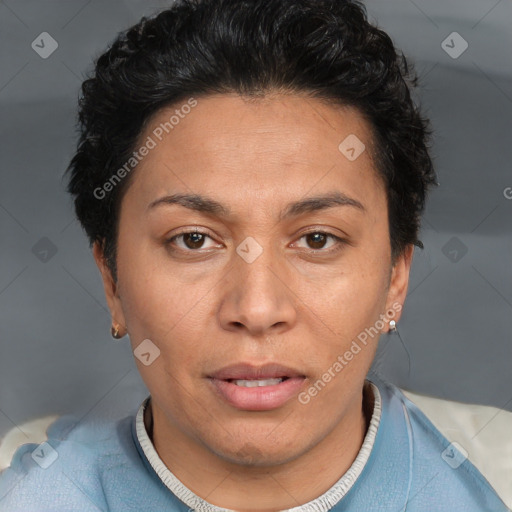 Joyful white adult female with short  brown hair and brown eyes