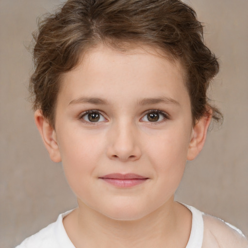 Joyful white child female with short  brown hair and brown eyes