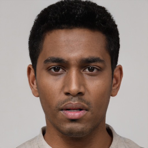 Neutral black young-adult male with short  black hair and brown eyes