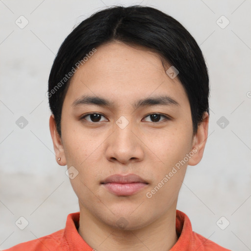 Neutral asian young-adult male with short  black hair and brown eyes