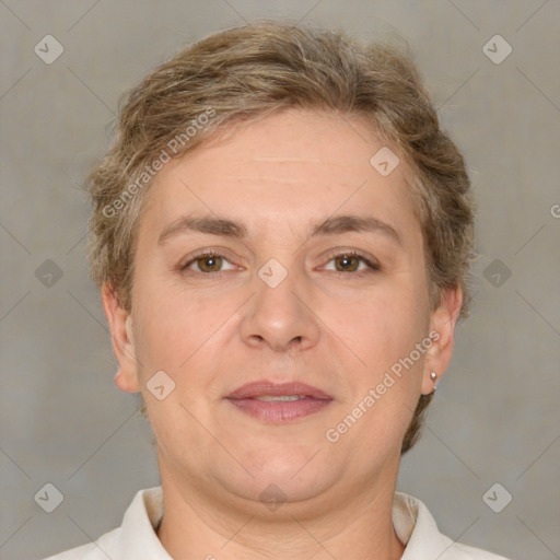 Joyful white adult female with short  brown hair and brown eyes