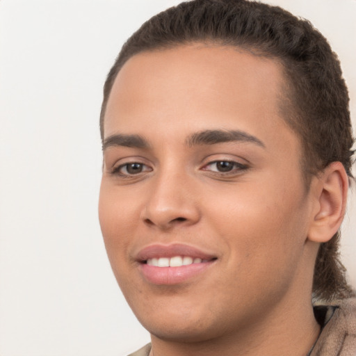 Joyful white young-adult female with short  brown hair and brown eyes