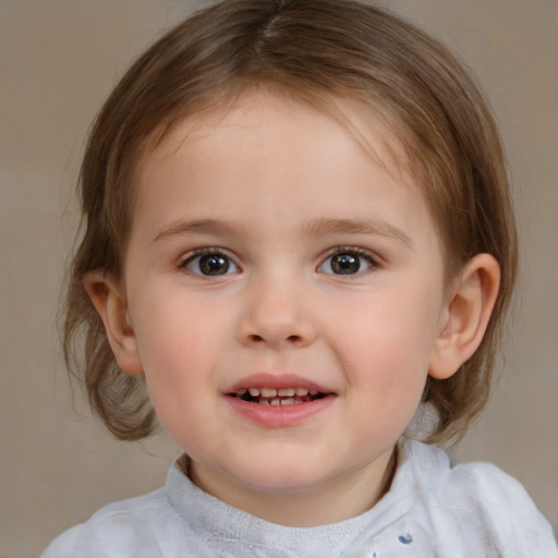 Joyful white child female with medium  brown hair and brown eyes