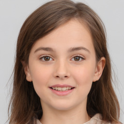 Joyful white child female with medium  brown hair and brown eyes