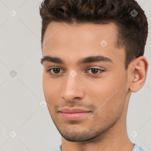 Neutral white young-adult male with short  brown hair and brown eyes