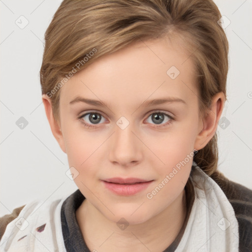 Joyful white child female with medium  brown hair and brown eyes