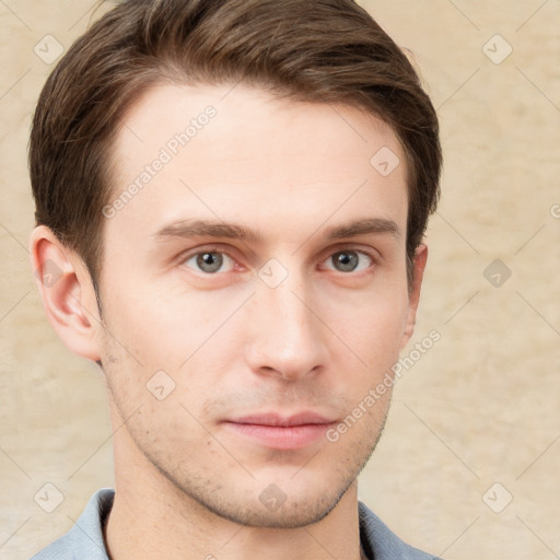 Neutral white young-adult male with short  brown hair and grey eyes