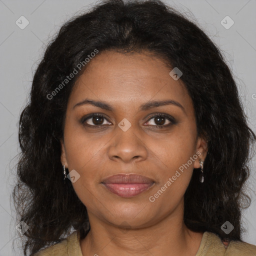 Joyful black young-adult female with medium  brown hair and brown eyes