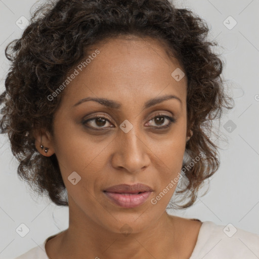 Joyful black adult female with medium  brown hair and brown eyes